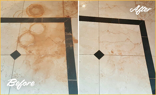 Before and After Picture of a Ceramic Shower Cleaned to Eliminate Rust Stains