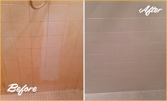 Before and After Picture of Ceramic Tile Shower Cleaned to Remove Dirt