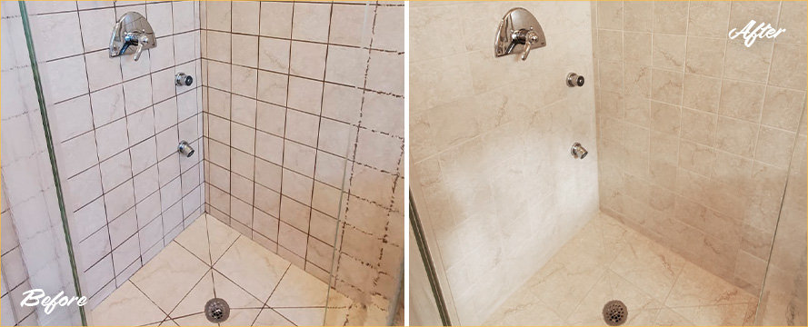 Porcelain Shower Before and After Our Grout Sealing in Fountain, CO