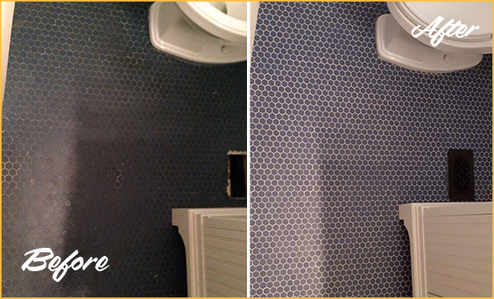 Before and After Picture of a Bathroom Floor Grout Regrouted to Even the Color