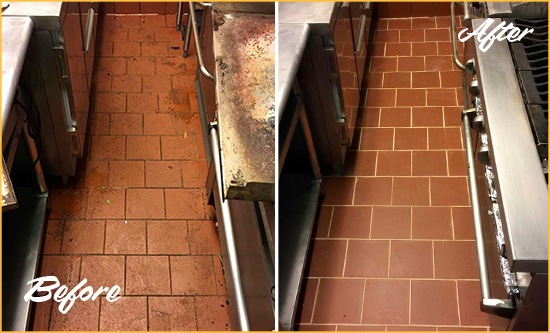 Before and After Picture of a Cherokee Restaurant Kitchen Tile and Grout Cleaned to Eliminate Dirt and Grease Build-Up