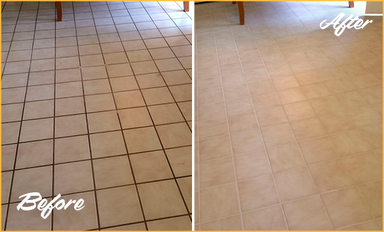 Before and After Picture of a Cherokee Kitchen Tile and Grout Cleaned to Remove Embedded Dirt