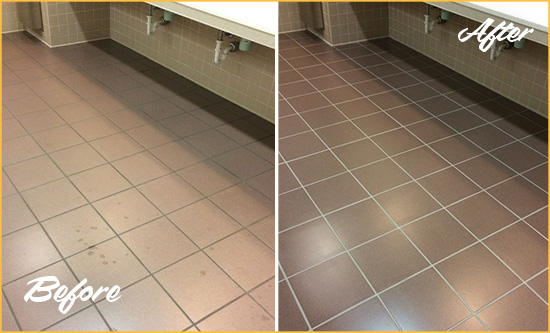 Before and After Picture of a Flying Horse MD No. 2 Restrooms Tile and Grout Cleaned to Remove Embedded Dirt