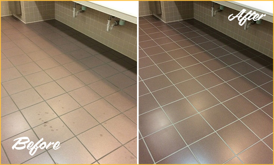 Before and After Picture of a Colorado Springs Restrooms Tile and Grout Cleaned to Remove Embedded Dirt