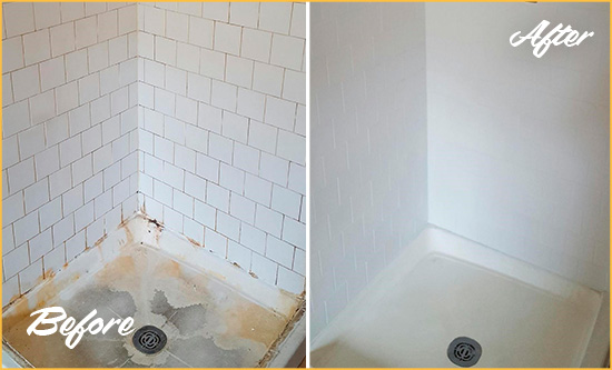 Before and After Picture of a Fountain Shower Tile and Grout Cleaned to Remove Soap Scum
