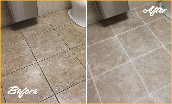Before and After Picture of a Woodmoor Restroom Tile and Grout Cleaned to Remove Soil