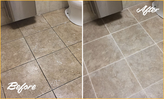 Before and After Picture of a Peyton Restroom Tile and Grout Cleaned to Remove Soil