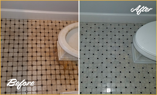 Before and After Picture of a Gleneagle Bathroom Tile and Grout Cleaned to Remove Stains