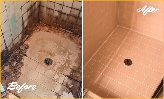 Before and After Picture of a Fort Carson Shower Tile and Grout Cleaned to Repair Water Damage