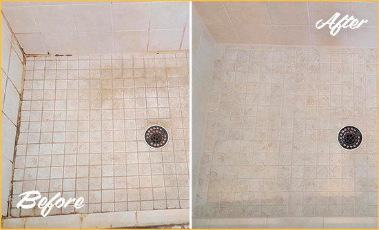 Before and After Picture of a Colorado Springs Shower Caulked to Fix Cracks