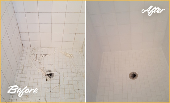 Before and After Picture of a Stratmoor Bathroom Re-Caulked To Repair Damaged Caulking