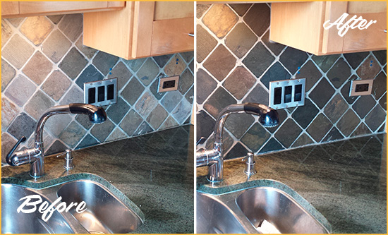 Before and After Picture of a Cherokee Backsplash Caulked to Fix and Prevent Water Leaks