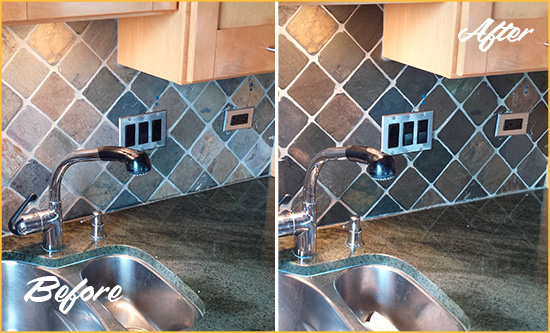 Before and After Picture of a Stratmoor Backsplash Caulked to Fix and Prevent Water Leaks