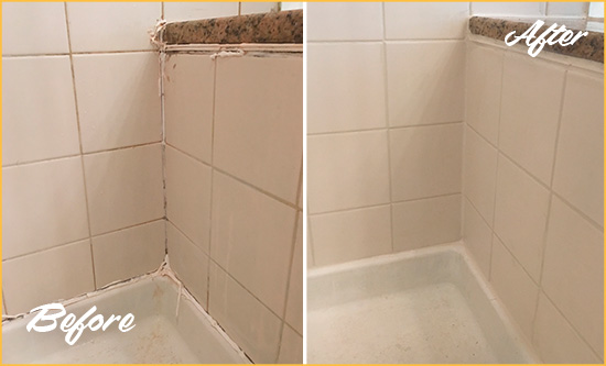 Before and After Picture of a Triview Shower Caulked to Repair Damaged Caulking