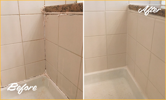 Before and After Picture of a Woodmoor Shower Caulked to Repair Damaged Caulking