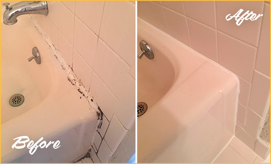 Before and After Picture of a Monument Bathroom Sink Caulked to Fix a DIY Proyect Gone Wrong