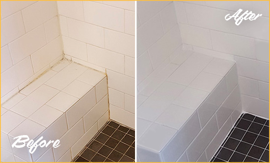 Before and After Picture of a Fountain Shower Seat Caulked to Protect Against Mold and Mildew Growth