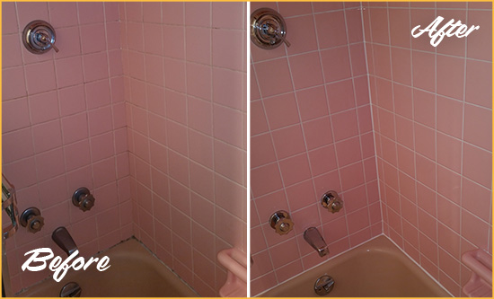 Before and After Picture of a Fountain Bathtub Caulked to Eliminate Mold