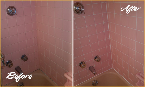 Before and After Picture of a Falcon Bathtub Caulked to Eliminate Mold