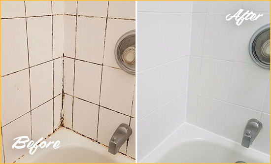 Before and After Picture of a Woodmoor Tub Caulked to Remove and Avoid Mold