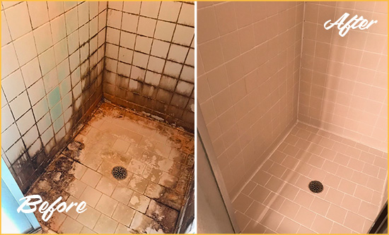 Before and After Picture of a Woodmoor Shower Caulked to Fix and Prevent Water Damage