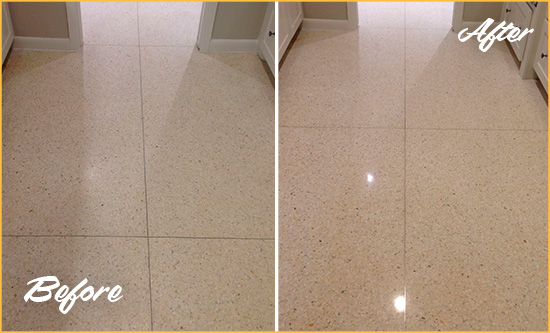 Before and After Picture of a Ramah Granite Stone Floor Polished to Repair Dullness