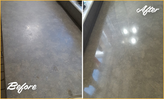 Before and After Picture of a Dull Flying Horse MD No. 2 Limestone Countertop Polished to Recover Its Color