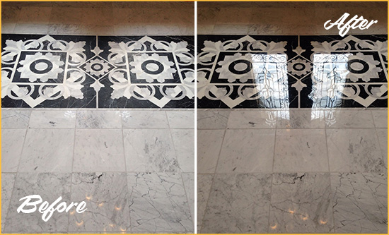 Before and After Picture of a Gleneagle Marble Stone Floor Polished to a Mirror Shine