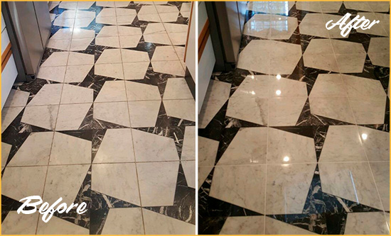 Before and After Picture of a Dull Castle Pines Marble Stone Floor Polished To Recover Its Luster