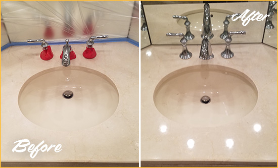Before and After Picture of a Dull Woodmoor Marble Stone Vanity Top Polished to Bring-Back Its Sheen