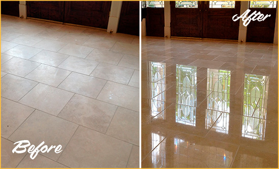Before and After Picture of a Dull Woodmoor Travertine Stone Floor Polished to Recover Its Gloss