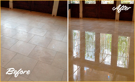 Before and After Picture of a Dull Gleneagle Travertine Stone Floor Polished to Recover Its Gloss