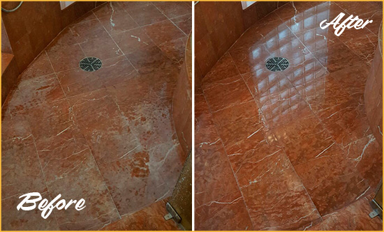 Before and After Picture of a Monument Marble Stone Shower Polished to Eliminate Mineral Deposits