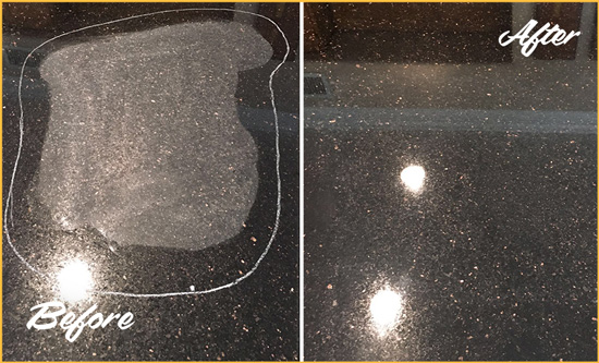 Before and After Picture of a Peyton Granite Stone Countertop Polished to Remove Scratches