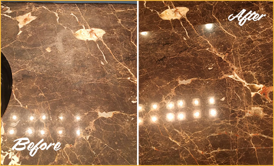 Before and After Picture of a Castle Pines Marble Stone Countertop Polished to Eliminate Stains