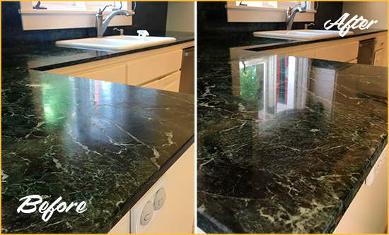 Before and After Picture of a Woodmen Road Marble Stone Counter Polished to Eliminate Water Marks