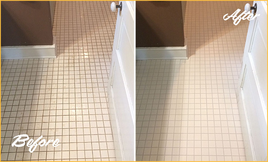 Before and After Picture of a Fountain Bathroom Floor Sealed to Protect Against Liquids and Foot Traffic