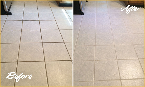 Before and After Picture of a Green Mountain Hills Kitchen Ceramic Floor Sealed to Protect From Dirt and Spills