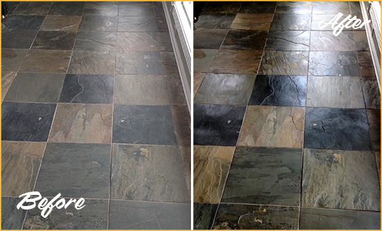 Before and After Picture of a Dull Calhan Slate Floor Sealed to Bring Back Its Colors