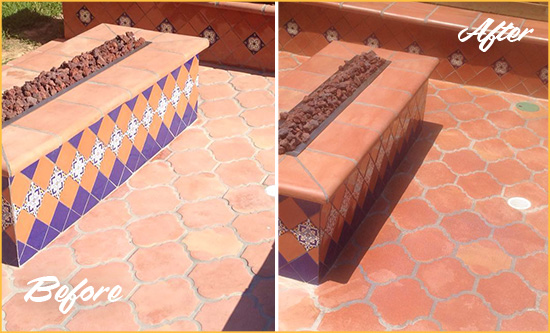 Before and After Picture of a Dull Peyton Terracotta Patio Floor Sealed For UV Protection