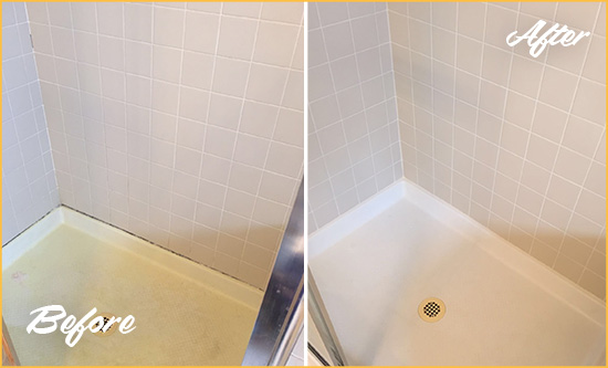 Before and After Picture of a Calhan Shower Sealed to Remove and Protect Against Mold