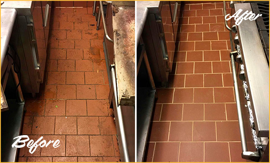 Before and After Picture of a Triview Restaurant Kitchen Floor Sealed to Remove Soil