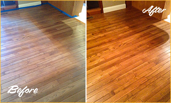 Before and After Picture of a Flying Horse MD No. 2 Wood Sand Free Refinishing Service on a Dull Floor to Recover Its Sheen