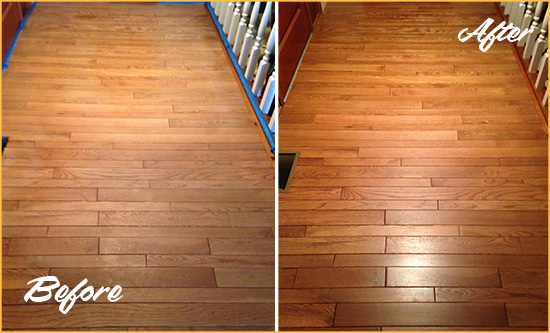 Before and After Picture of a Woodmoor Wood Sand Free Refinishing Service on a Dull Hallway