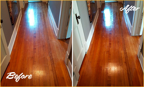 Before and After Picture of a Woodmoor Wood Sand Free Refinishing Service on a Floor to Eliminate Scratches