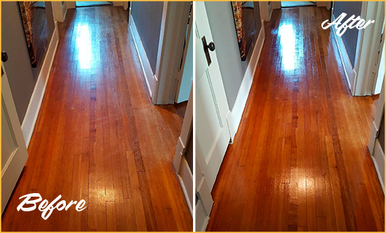 Before and After Picture of a Parker Wood Sand Free Refinishing Service on a Floor to Eliminate Scratches