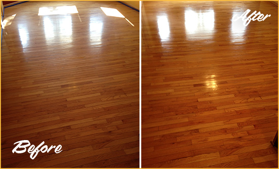 Before and After Picture of a Peyton Wood Sand Free Refinishing Service on a Room Floor to Remove Scratches