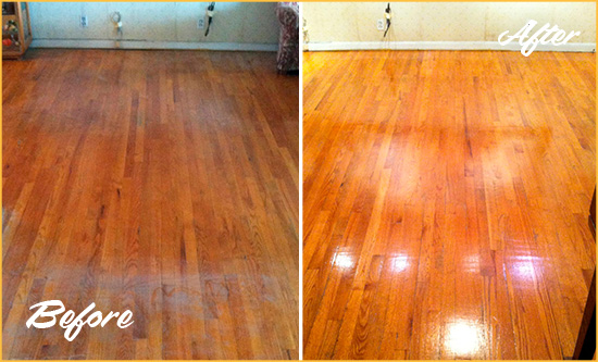 Before and After Picture of a Divide Wood Sand Free Refinishing Service on a Stained Floor