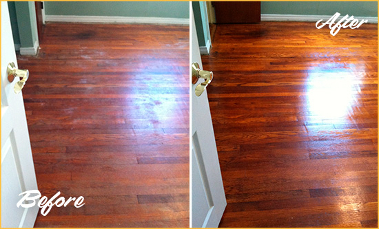 Before and After Picture of a Colorado Springs Wood Sand Free Refinishing Service on a Dull Floor to Remove Stains