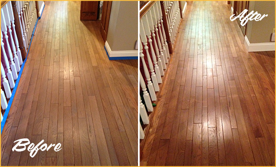 Before and After Picture of a Woodmoor Wood Sand Free Refinishing Service on a Worn Out Floor